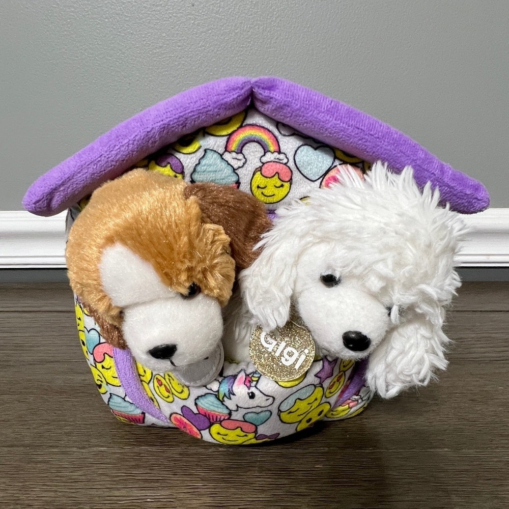 Justice Gigi & Ellie Plush Puppy Dog Set with Emoji Unicorn House and Pet Bed